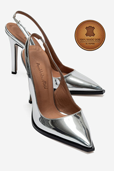 Ayakkabı Ateşi Genuine Leather Silver Mirror Pointed Toe Stiletto High Heeled...
