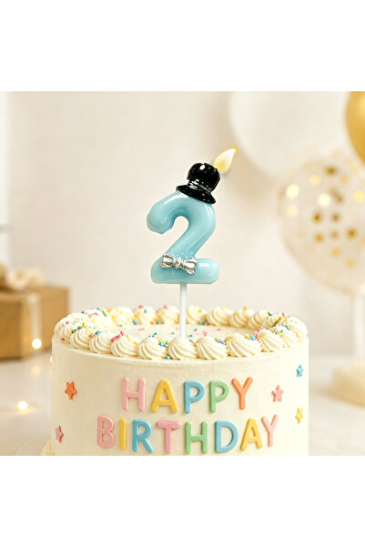 Re Light blue number 2 candle with black hat and silver bow tie on plastic st...
