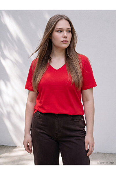 LC Waikiki Lcwaikiki Curve Red Plus Size 100% Cotton Women's T-Shirt