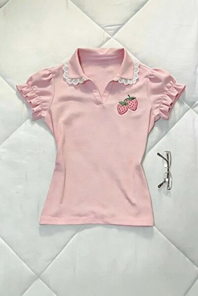 Köstebek Pink Strawberry Lace Collar Y2K Short Sleeve Crop