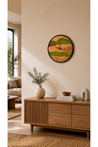 Hagen Natural Wood Look Decorative Wall Clock with Moss Detail and Black Meta...