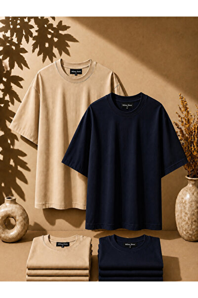 MİLANDORE 2-Pack Unisex Beige-Navy Blue Oversize T-Shirt Set - Crew Neck Basi...