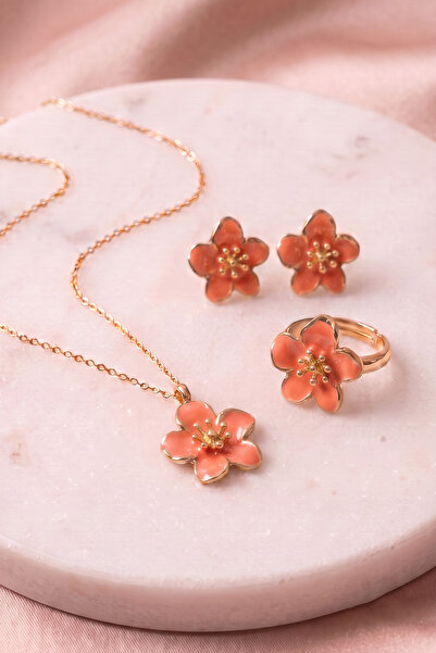AURRARİ Orange Color Sakura Flower Necklace Earrings Ring Set in Gift Box