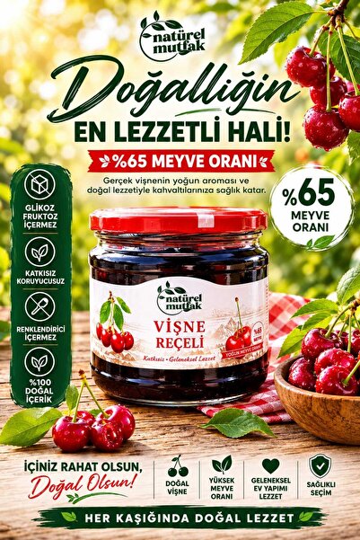 Natürel Mutfak Vişne Reçeli 350 Gr Glikoz Fruktoz İçermez %65 Meyve