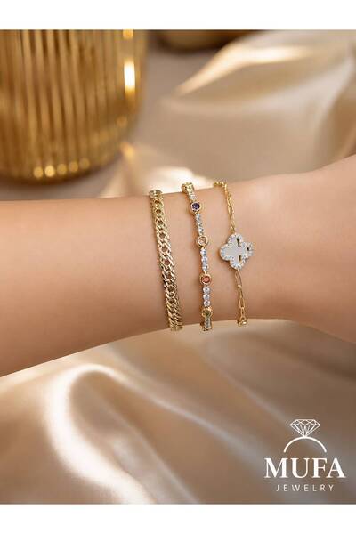 MUFA JEWELRY 3'lü Kombin 14K VIP Kaplama Kadın Çelik Bileklik Seti 316L Pasla...