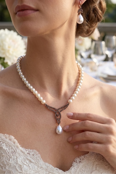 FAYRA ACCESSORIES Zirkon Taşlı Mayorka İnci Tasarım Kolye ve İnci Küpe Seti