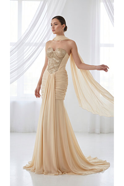holie dress STRAPLEZ DRAPELİ ŞİFON UZUN ABİYE ELBİSE
