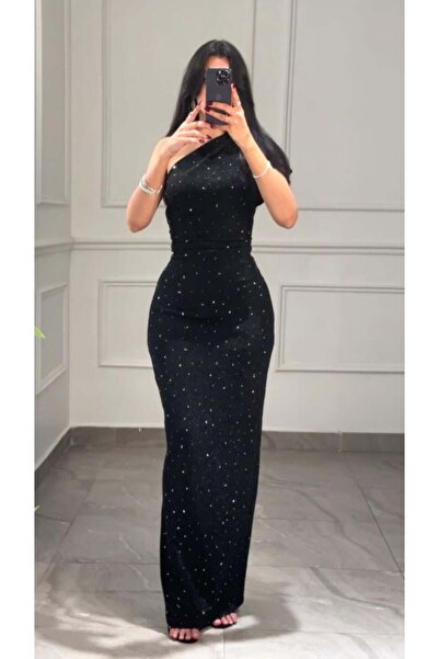 it's Mine Black Shiny One Shoulder Cut-Out Evening Dress