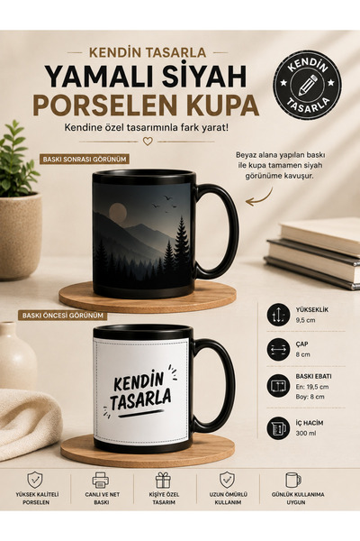 cekud tasarım baskı Kendin Tasarla Yamalı Siyah Porselen Kupa 300 ml – Kişiye...