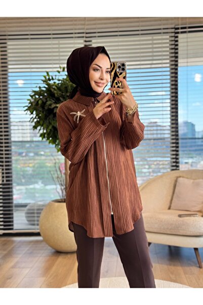 ALANURMODA 10775 قميص من قماش بوريومك مع سحّاب باللون البني