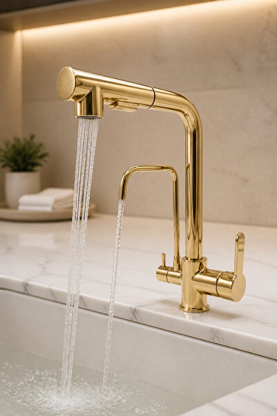 İSAOĞLU YAPI Gold Spiral Purified Kitchen Faucet with Washing Feature, Suitab...