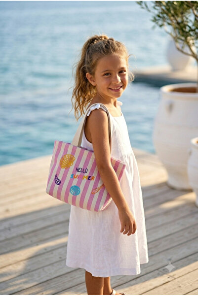 ICONE BAG Çocuk Plaj Çantası, Nakışlı Çizgili Kız Plaj Çantası, Kids Beach Ba...