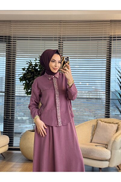 ALANURMODA 7502 طقم تنورة من الدنيم مع ياقة مرصعة بالأحجار بلون البرقوق