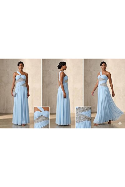 ranin Sky Blue One Shoulder Crinkle Kloshe Dress with Luxurious Hand Embroide...