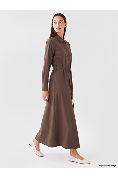 LC Waikiki Lcw Everyday Brown Belted Shirt Dress