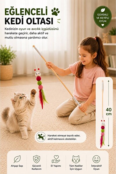 demapet 40 cm Wooden Handle, Cute Caterpillar Cat Fishing Rod with Bell