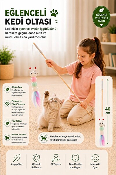 demapet 40 cm Wooden Handle, Cute Caterpillar Cat Fishing Rod with Bell