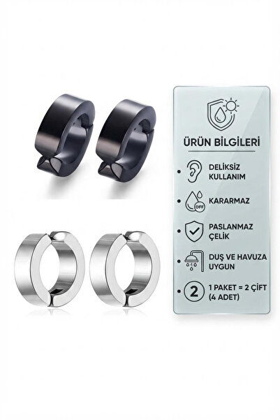 Blisse Piercing Unisex Siyah Ve Gümüş Renk Kıskaçlı Çelik Halka Küpe İkili Paket