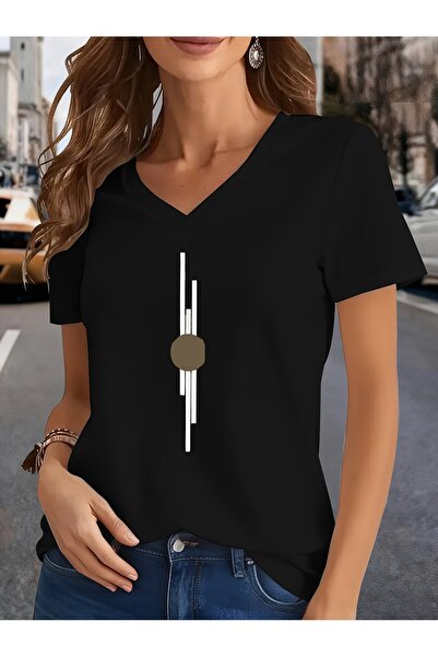 Deocept Women's Heart Printed V-Neck Sleeves Regular Fit Comfortable T-Shirt