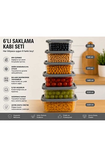 6’lı Saklama Kabı Seti | BPA İçermez | Sızdırmaz Kapaklı | 300 ml – 3320 ml