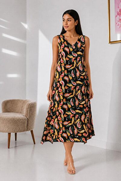 ÖNE BUTİK Women's Summer V-Neck Viscosa Sleeveless Dress Li̇kapa