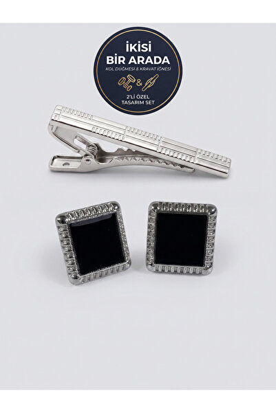 BLC Basic Line Co. Silver Horizon – Tırtıklı Çerçeveli Kare Set Kol Düğmesi v...
