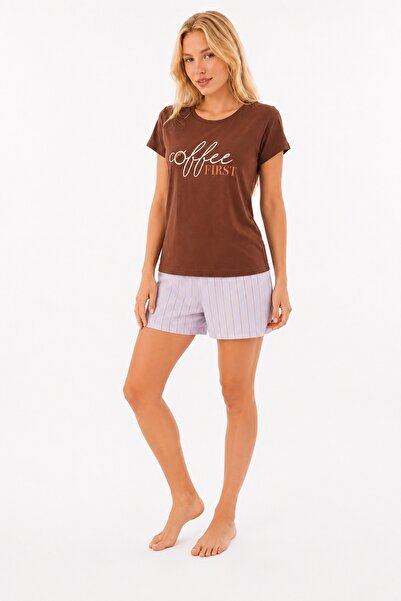 NBB Women's Shorts Set, 100% Cotton, Coffee First Print, Crew Neck