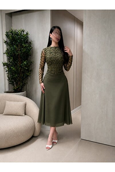 Jood Sparkly Embroidery Evening Dress Midi Length Party Dress with Sheer Sleeves