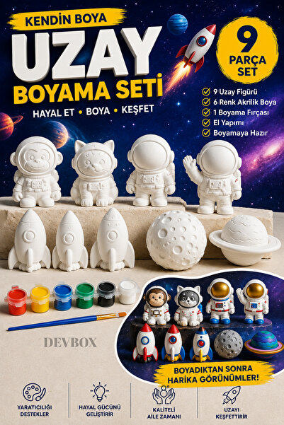 devhome Kendin Boya 9 Parça Uzay Figürleri Boyama Seti | 6 Renk Akrilik Boya ...