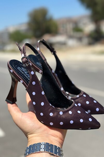 topuksarayı Milano Women's Coffee Polka Dot Pointed Toe Slingback Stylish Hig...