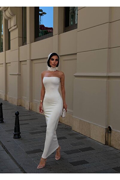 NİCE STYLE فستان نسائي بدون أكتاف مزين بالكامل بالأحجار الكريمة من الليكرا
