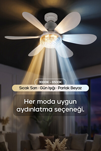 Feny F82 Tavan Vantilatörü Kristal LED Aydınlatmalı Kumandalı Sessiz 6 Kanatlı 3 Kademe Hız Tavan Fanı