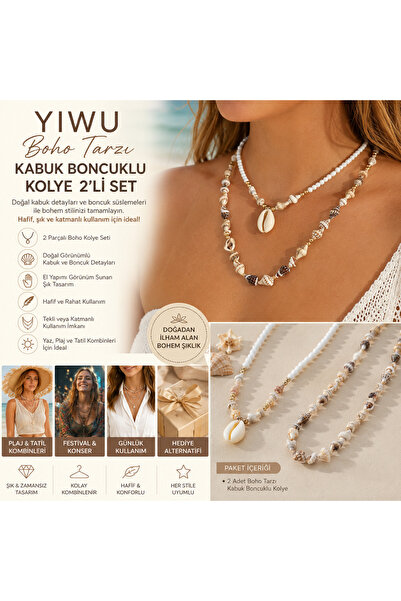 ORGANICYOU YIWU Boho Tarzı Kabuk Boncuklu Kolye 2'li Set – El Yapımı Görünüml...