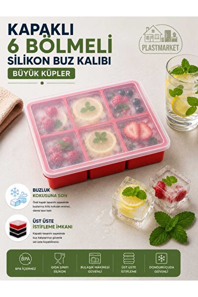 PLASTMARKET Kapaklı 6 Bölmeli Silikon Buz Kalıbı | Büyük Boy Kare Buz Kalıbı ...