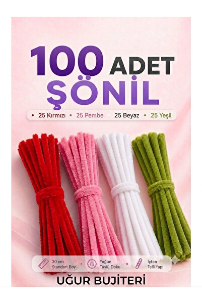 uğur bujiteri kırmızı Renkli Şönil Seti 100 Adet – kırmızı, beyaz, pembe ve Y...