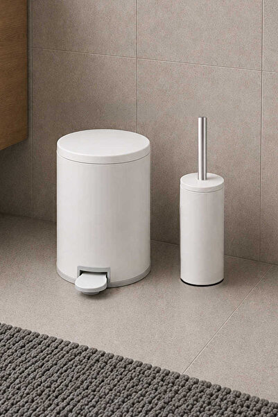 pirimanova Cigo 2'li Banyo Seti Çelik Çöp Kovası + Tuvalet Fırçası - Mat Beyaz