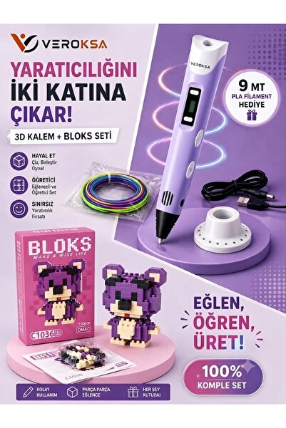 VEROKSA 3D Kalem + 156 Parça Bloks Seti (Mor) – Hayal Gücünü Gerçeğe Dönüştür!