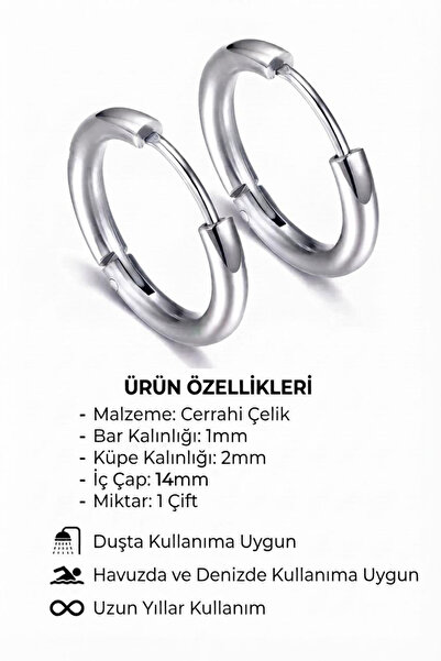 Blisse Piercing Unisex Silver Color 14 mm Steel Classic Model Hoop Earrings
