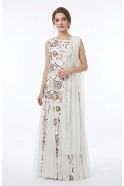 unbranded Women's Ivory Floral Embroidered Maxi Evening Dress with Chiffon Ca...