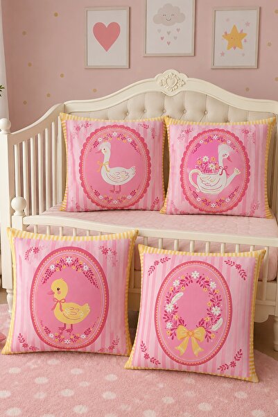 EVPANYA Set de 4 huse de pernă pentru copii și bebeluși cu model Pink Duck Br...