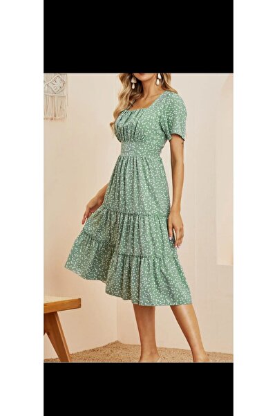 Modayazar Viscose Midi Length Pleated Gathered Summer Dress