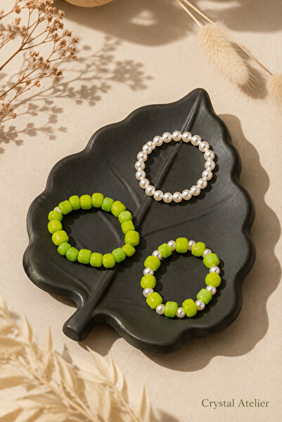 Crystal Atelier Green Pearl Beaded 3-Piece Women's Elastic Ring Set Handmade ...