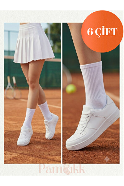 PAMBIK AYAKLAR 6 Çift Beyaz Fitilli Spor Çorap - Tenis Çorabı Unisex