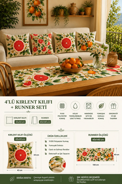 EK-HOME 4'lü Kırlent Kılıfı + Runner Seti 43x43 cm Kırlent Kılıfı ve 40x140 c...
