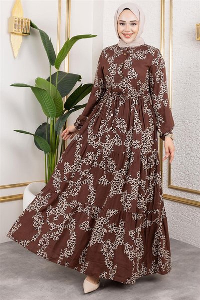 Mestore Leopard Patterned Viscose Dress Brown