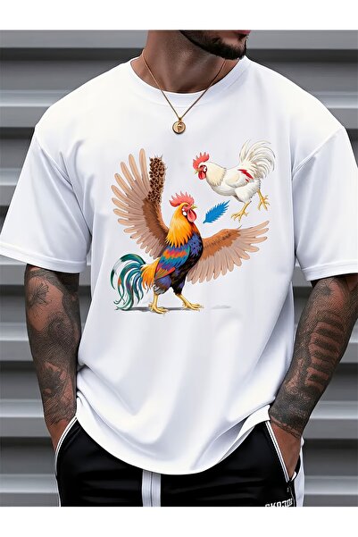 12 HERTZ Black Men's Colorful Rooster Design. Solid Casual T-shirt Bright Pat...