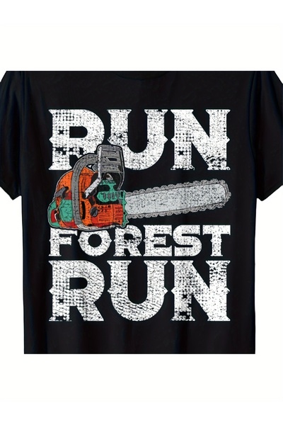 LİNA06 قميص قطني أسود للرجال من RUN - طباعة "RUN FOREST RUN" مع رسومات المنشا...