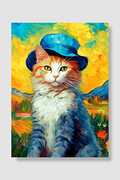 Luna Marissa Van Gogh poster, narandžasta mačka sa plavim šeširom, žuta pozad...