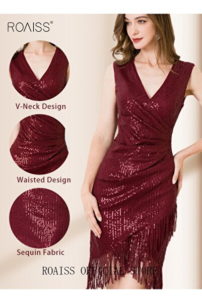 ROAISS Banquet Party Dress for Women Evening Dresses V Neck Sequins Knee-Leng...