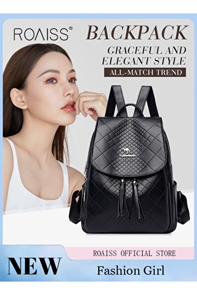 ROAISS Backpack Female New Leather Tassel Pendant Rhombus Leisure Travel Back...